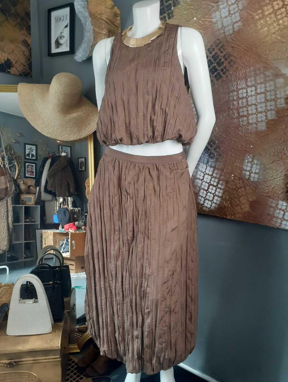 Zara Nwot Two-Piece Midi Skirt Set In Mocha Brown